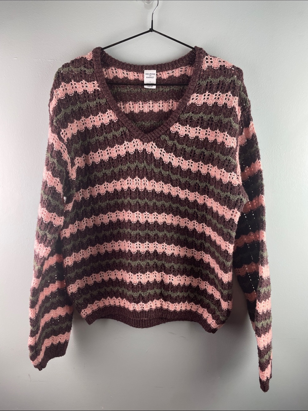 Melrose and Market  Pink and Brown Striped V-Neck Sweater Size M